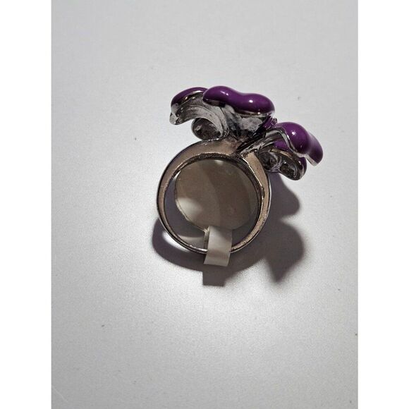 Silver Tone Purple Enamel Flower Ring Size 9 Cocktail Clear Rhinestone Accents - Picture 5 of 11